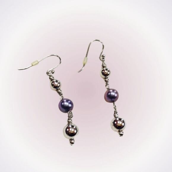 Silver Bead and Blue Pearl Drop Earrings | Sz OS - Picture 1 of 2